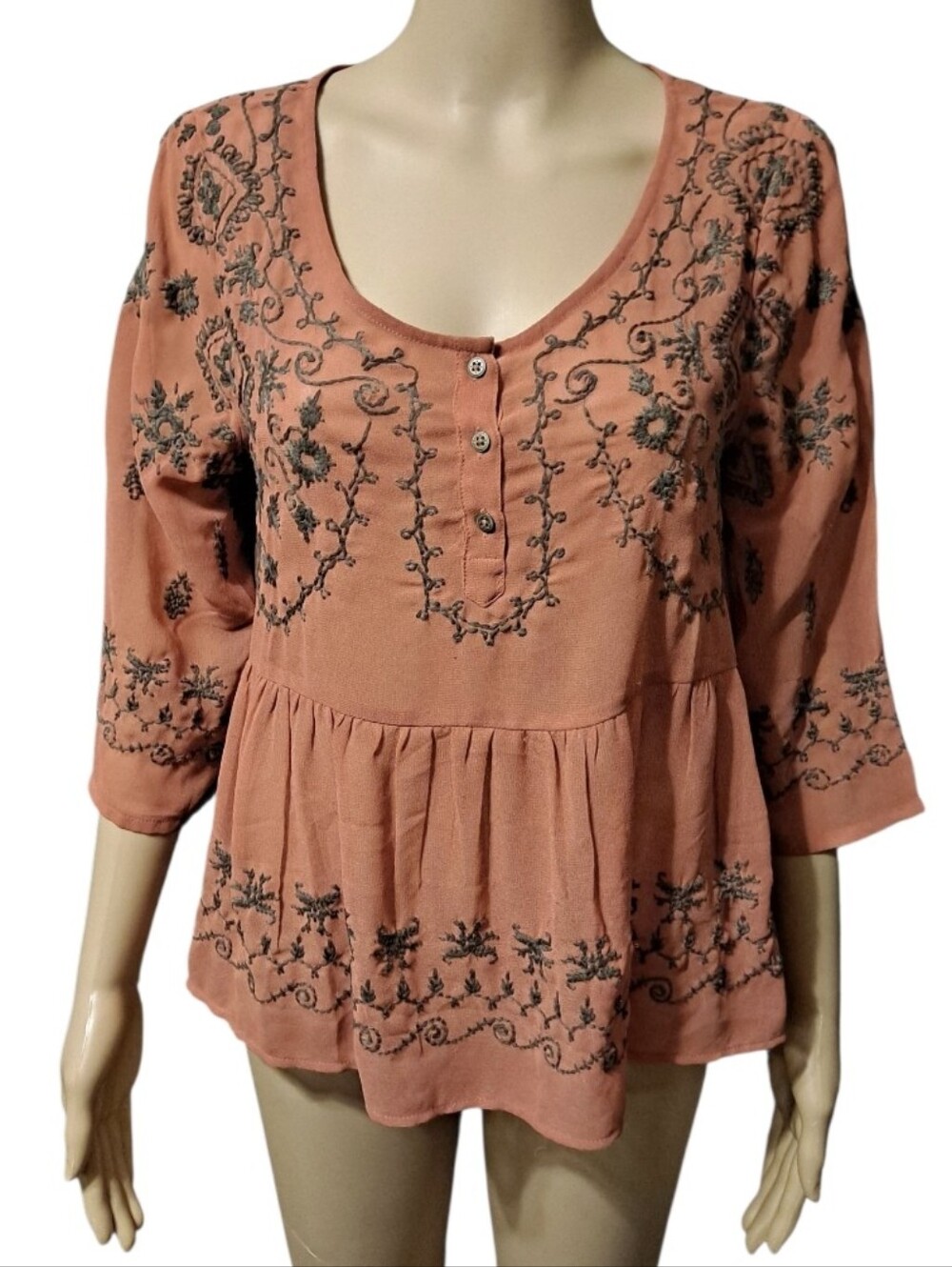 Free People Coral Embroidered Peasant Tunic